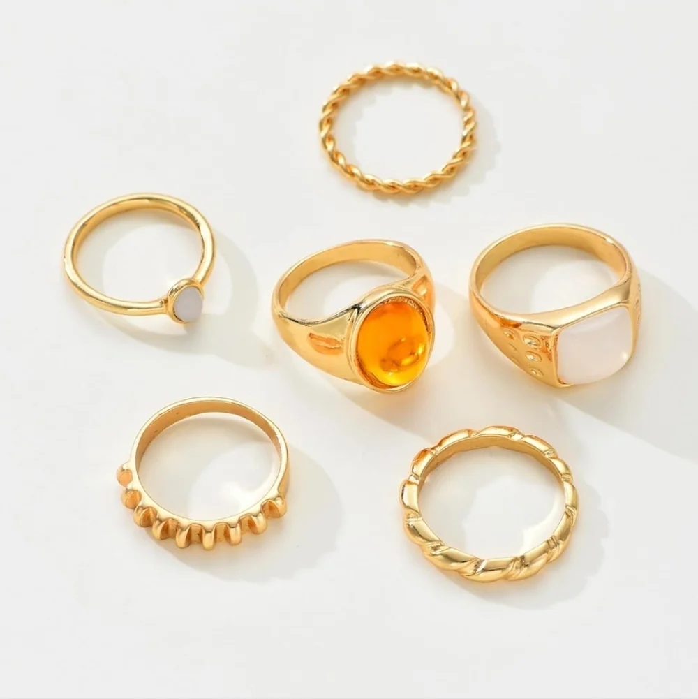 Gold Tone Mixed Stone Stackable Rings - White & Amber Accents 6 Pc Women's Acces
